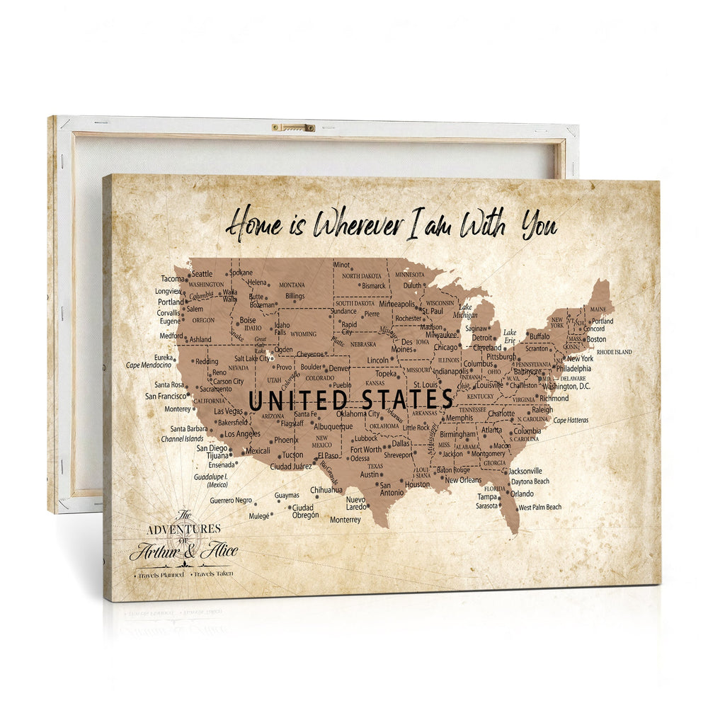 Custom Beige Push Pin USA Map Canvas Print, 50 States Road Trip Tracker, Home Office and Den Decor