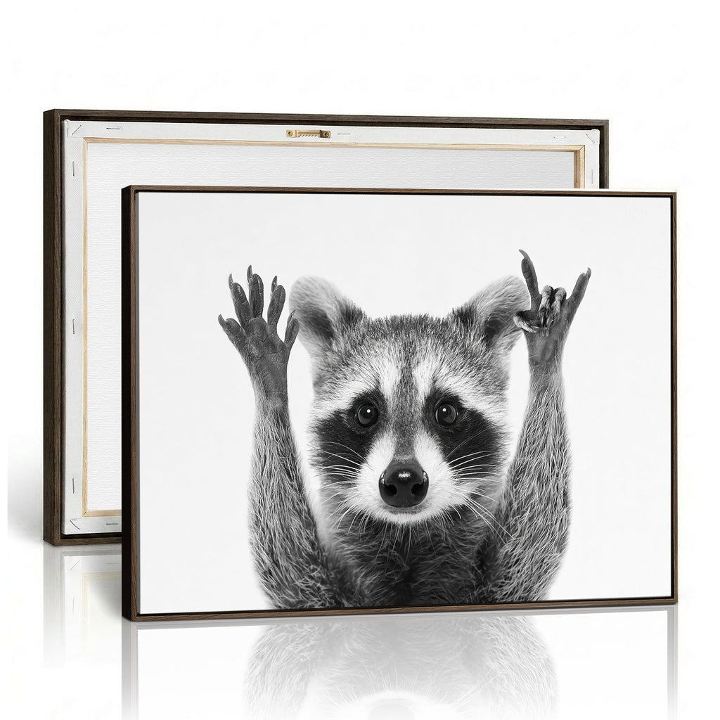 Funny Raccoon Canvas Wall Art, Black White Hands Up Animal Photo Print
