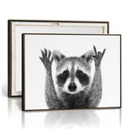 Funny Raccoon Canvas Wall Art, Black White Hands Up Animal Photo Print