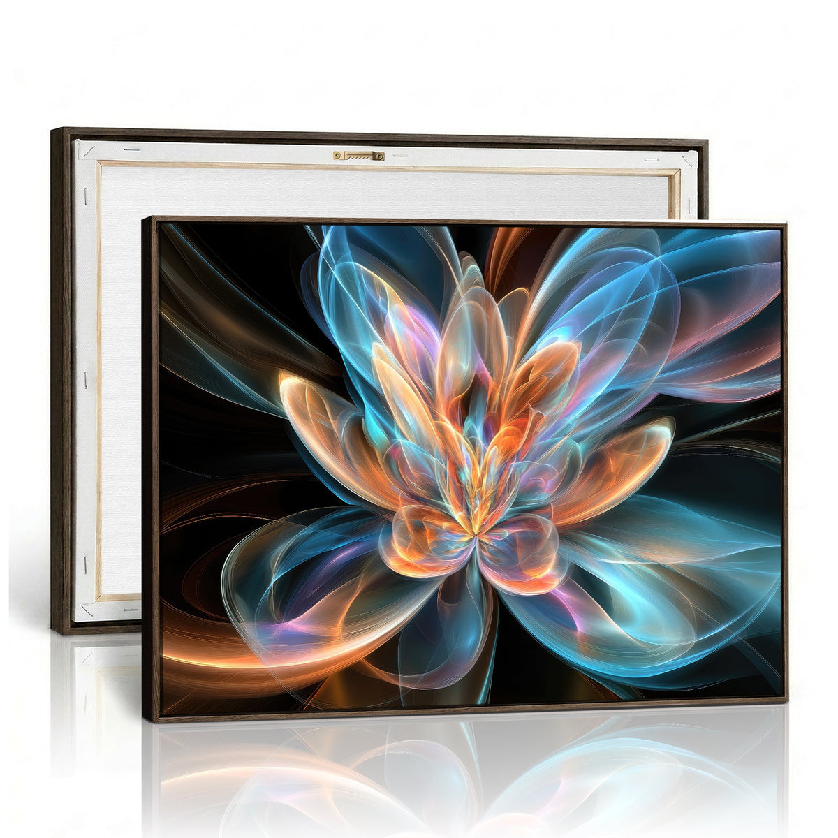 Fractal Lotus Canvas Wall Art, Blue Orange Glowing Flower Abstract Print