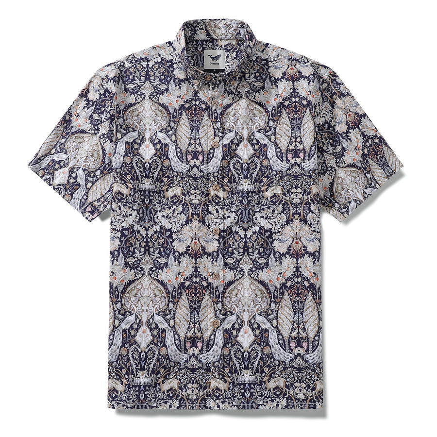 Men's Hawaiian Shirt The Garden of Serenity Cotton Button-down Short Sleeve 1940s Vintage Shirt