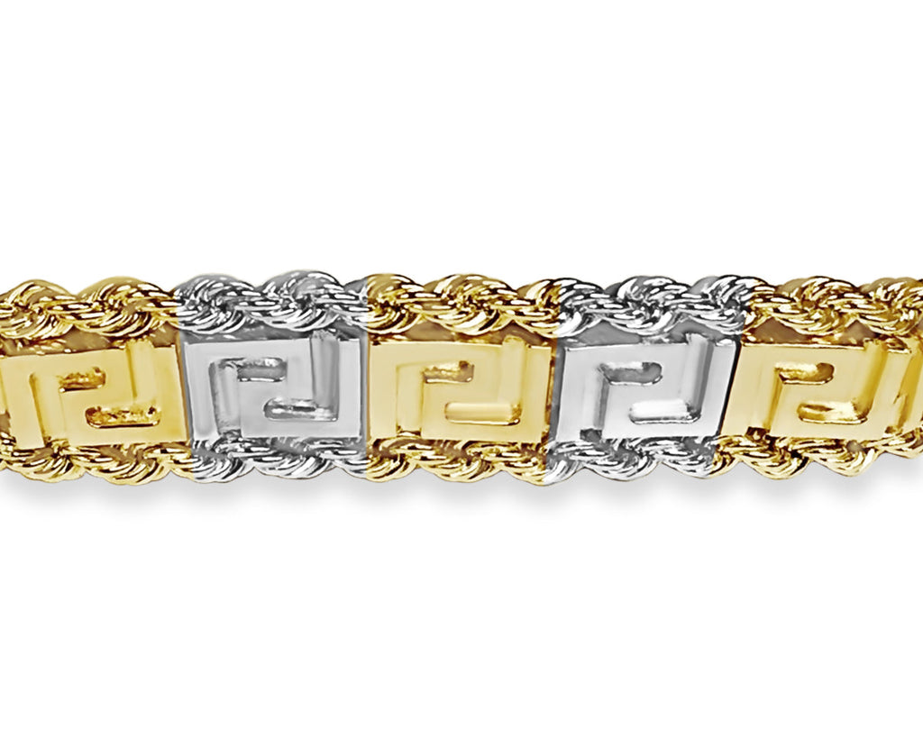 Rope & Greek Key Solid White/Yellow/Rose Gold Handmade Bracelet , 12mm, 6.5-10 Inch