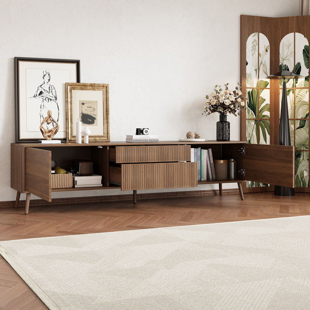 Fluted TV Stand With Storage Drawers And Cabinets For TVs Up - Walnut