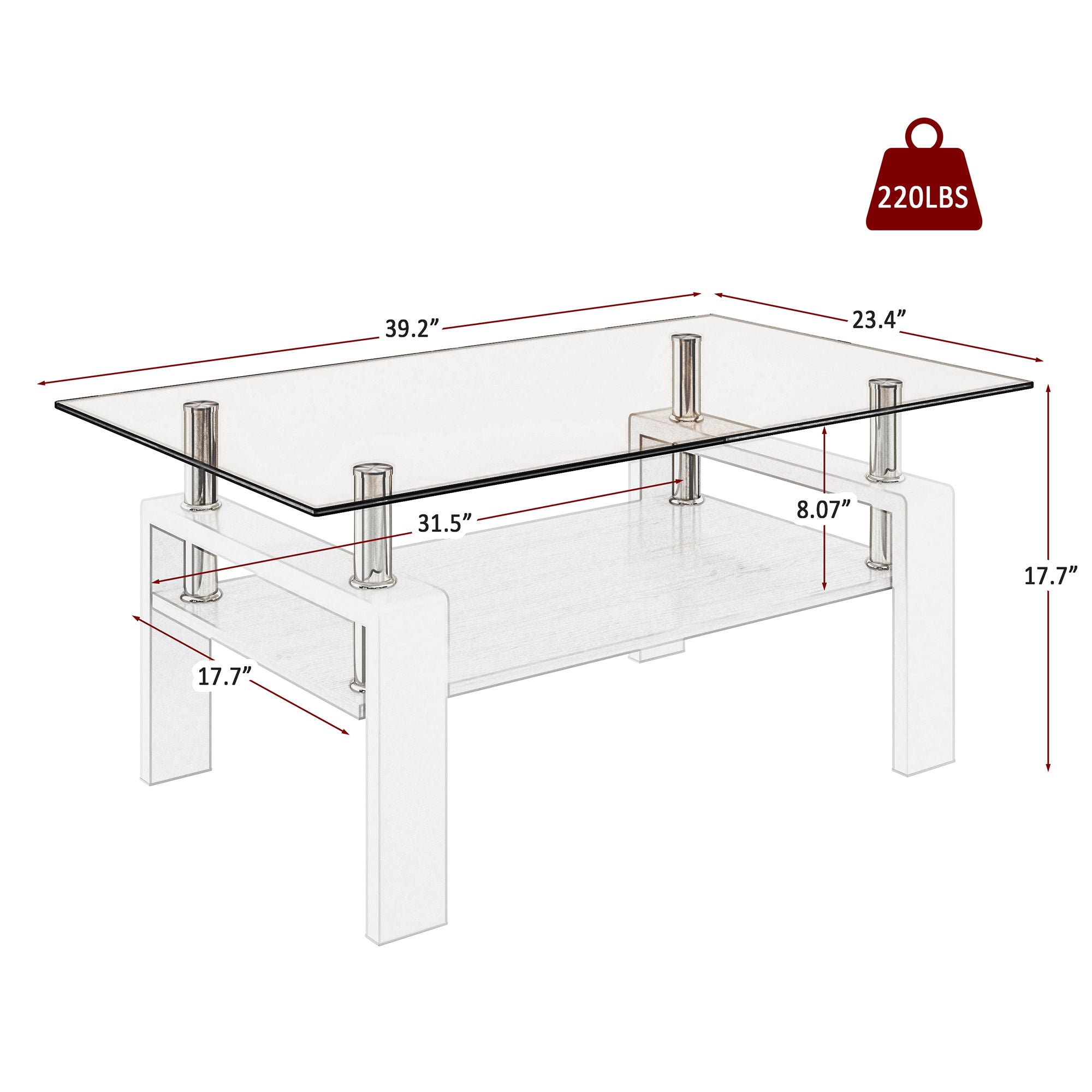 Modern Rectangular Coffee Table With Tempered Transparent