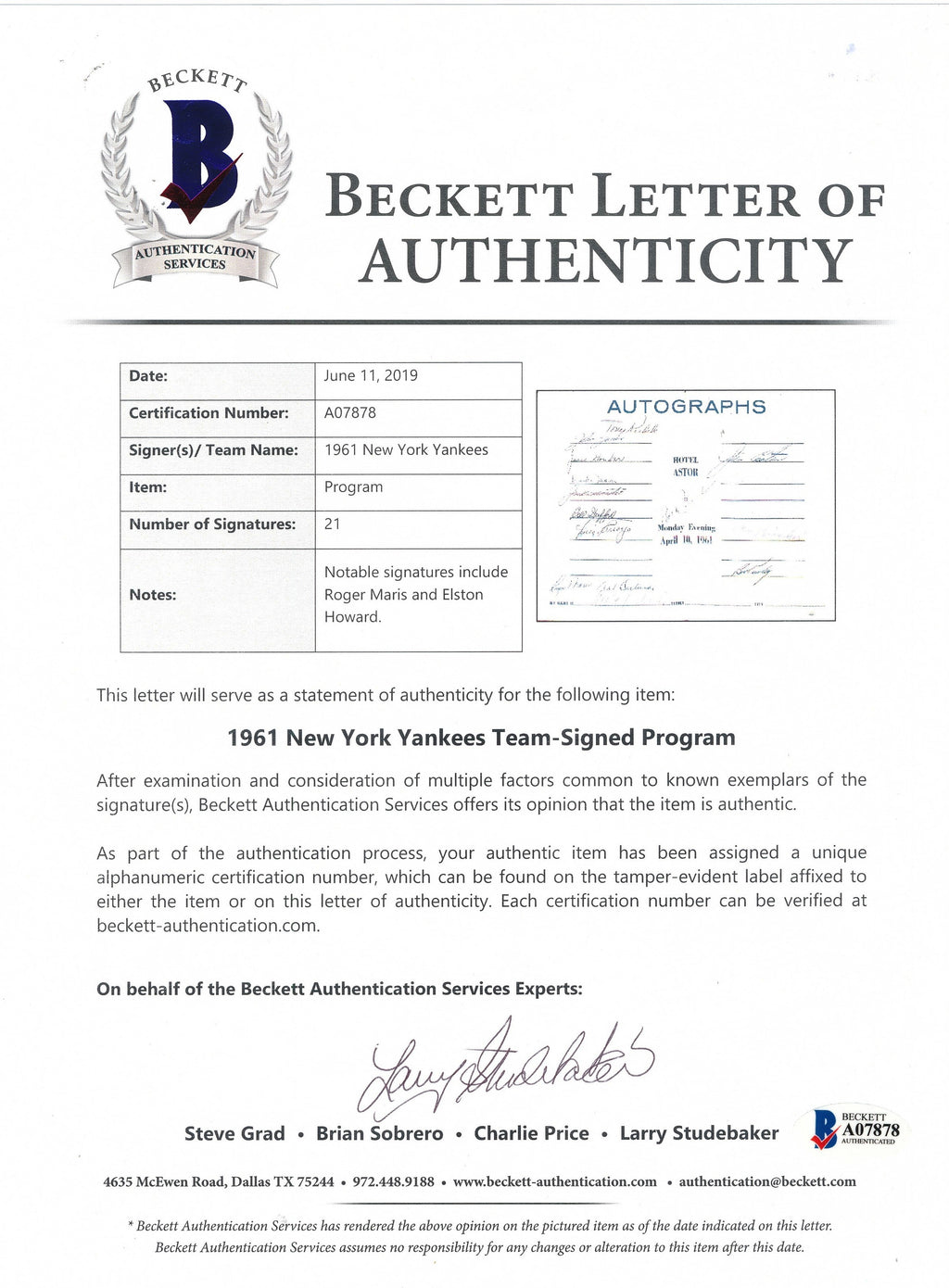 1961 Yankees Autographed Banquet Program w/ Roger Maris BAS/Beckett 191779