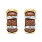 18K Yellow and White Gold Flash Plated .925 Sterling Silver Clear Brown Enamel 9/10 Cttw Round Diamonds Huggie Hoop Earrings (F-G Color, VS1-VS2 Clarity)