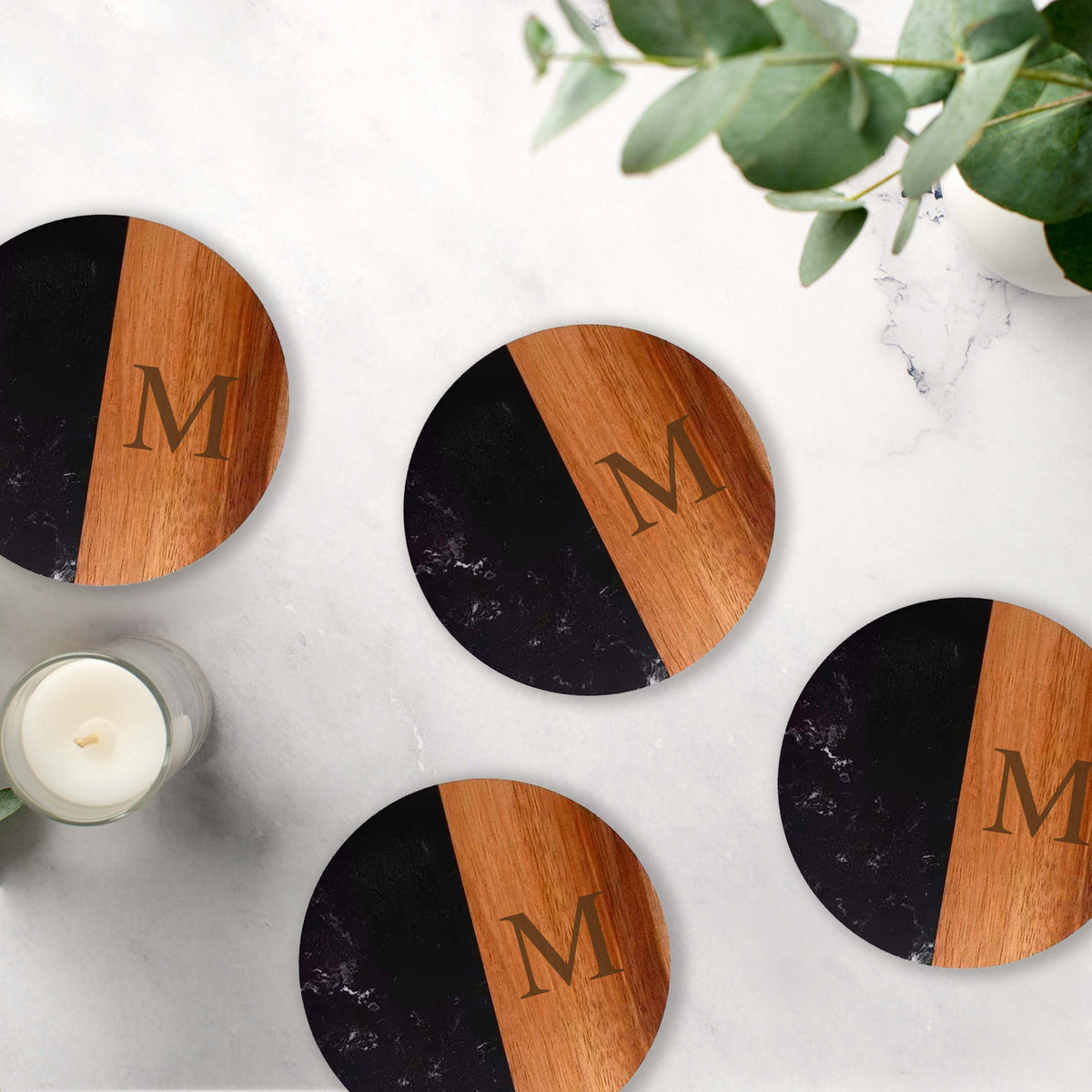 Set Of 4 Black Marble and Acacia Wood 4" Round Coasters