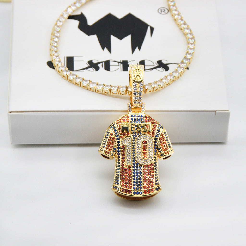Luxury Football MESSI #10 Jersey Pendant Necklace with Zircon Stones – Perfect Gift for Sports Fans
