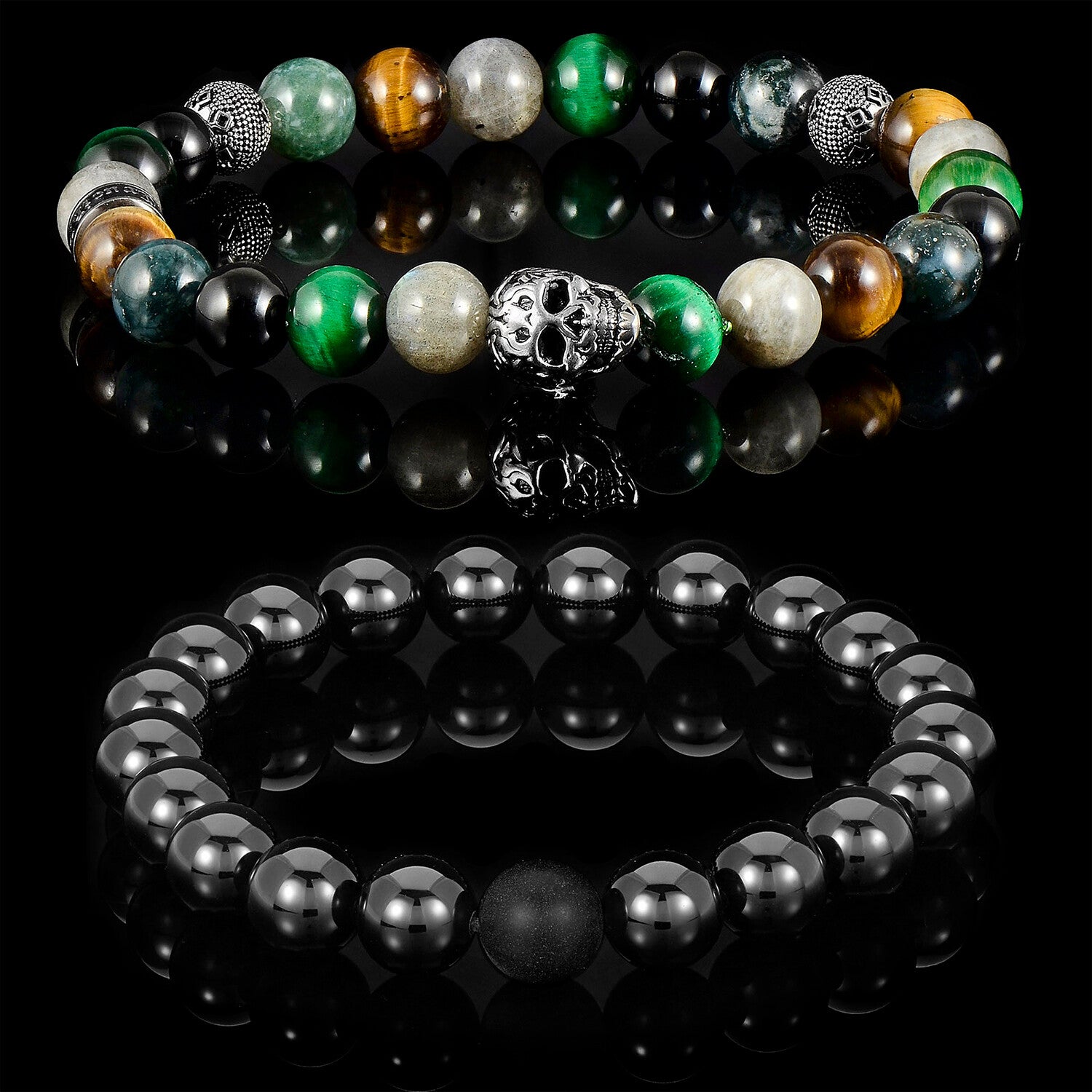 Skull + Onyx + Moss Agate + Green Tiger Eye + Labradorite + Tiger Eye Bracelets // Set of 2 // 8"