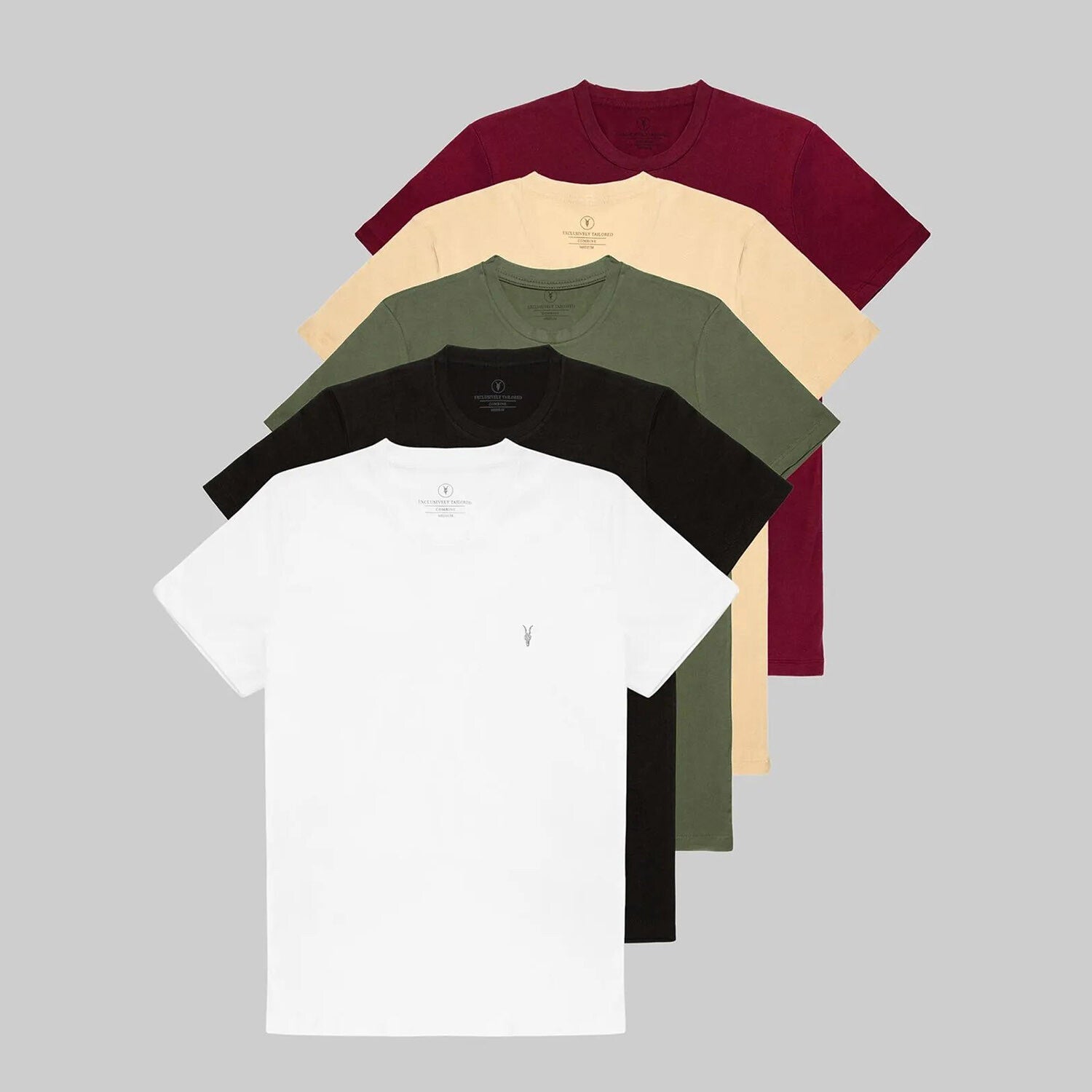 Set of 5 // Crewneck Regular Fit T-Shirts // Burgundy + Tan + Olive + Black + White