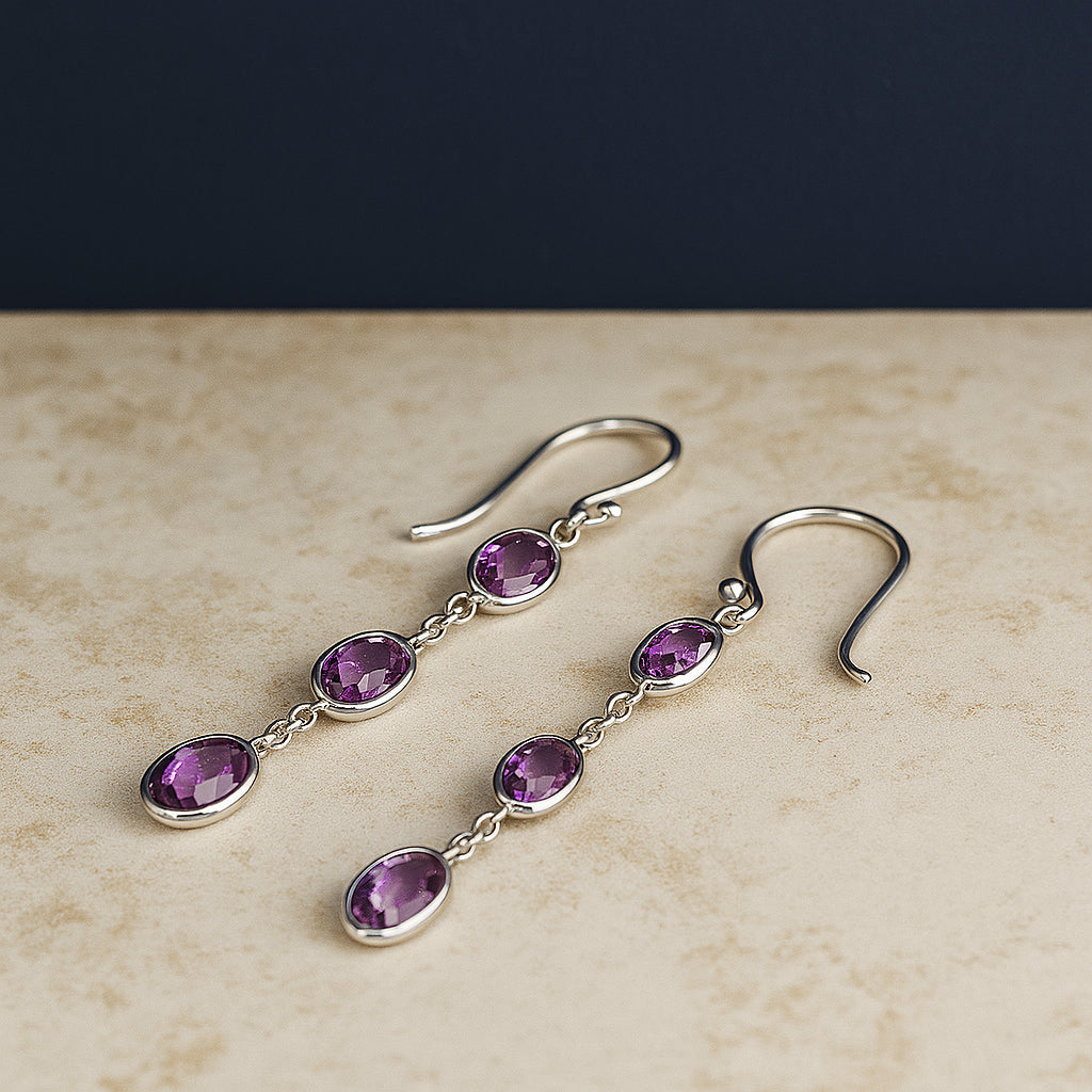 .925 Sterling Silver Checkerboard Cut Oval Purple Amethyst 2" Inch Drop and Dangle Earrings