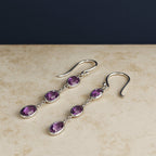 .925 Sterling Silver Checkerboard Cut Oval Purple Amethyst 2" Inch Drop and Dangle Earrings
