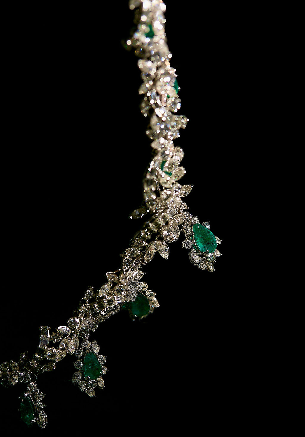 Certified Platinum 38.0 Cttw Diamond and 19 3/4 Cttw Brazilian Green Emerald Necklace, Bracelet & Earrings Three-Piece Set