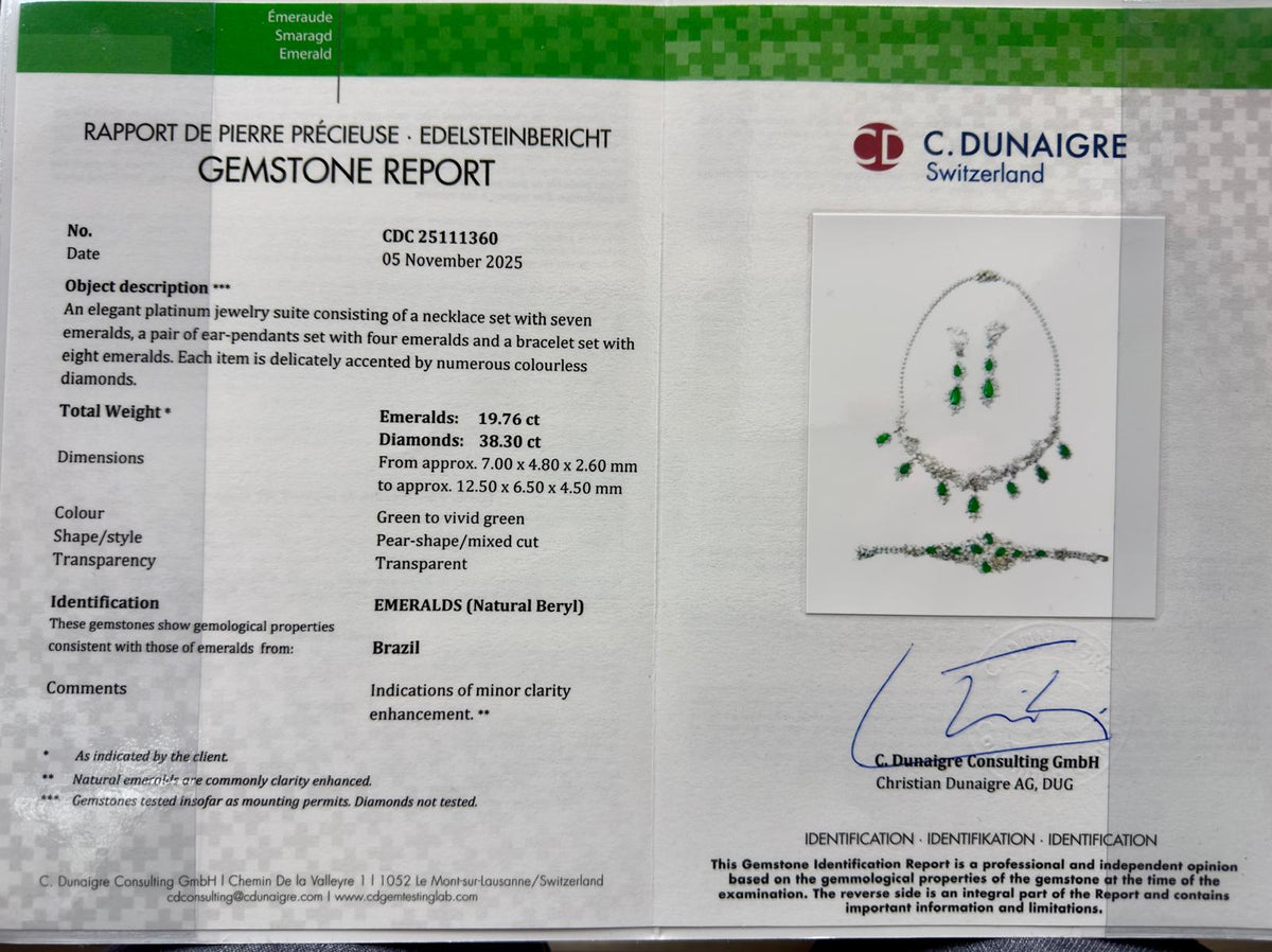 Certified Platinum 38.0 Cttw Diamond and 19 3/4 Cttw Brazilian Green Emerald Necklace, Bracelet & Earrings Three-Piece Set