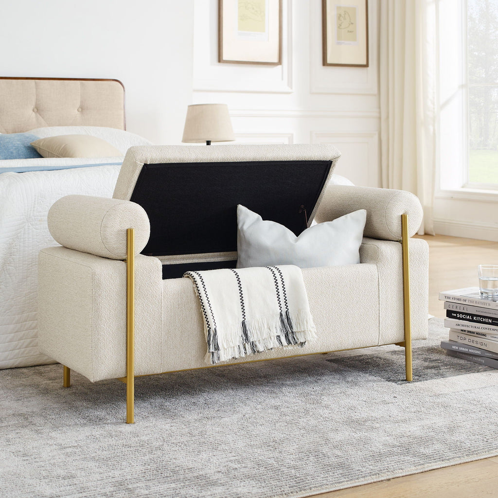 Elegant Upholstered Storage Bench With Cylindrical Arms And Iron Legs