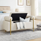 Elegant Upholstered Storage Bench With Cylindrical Arms And Iron Legs