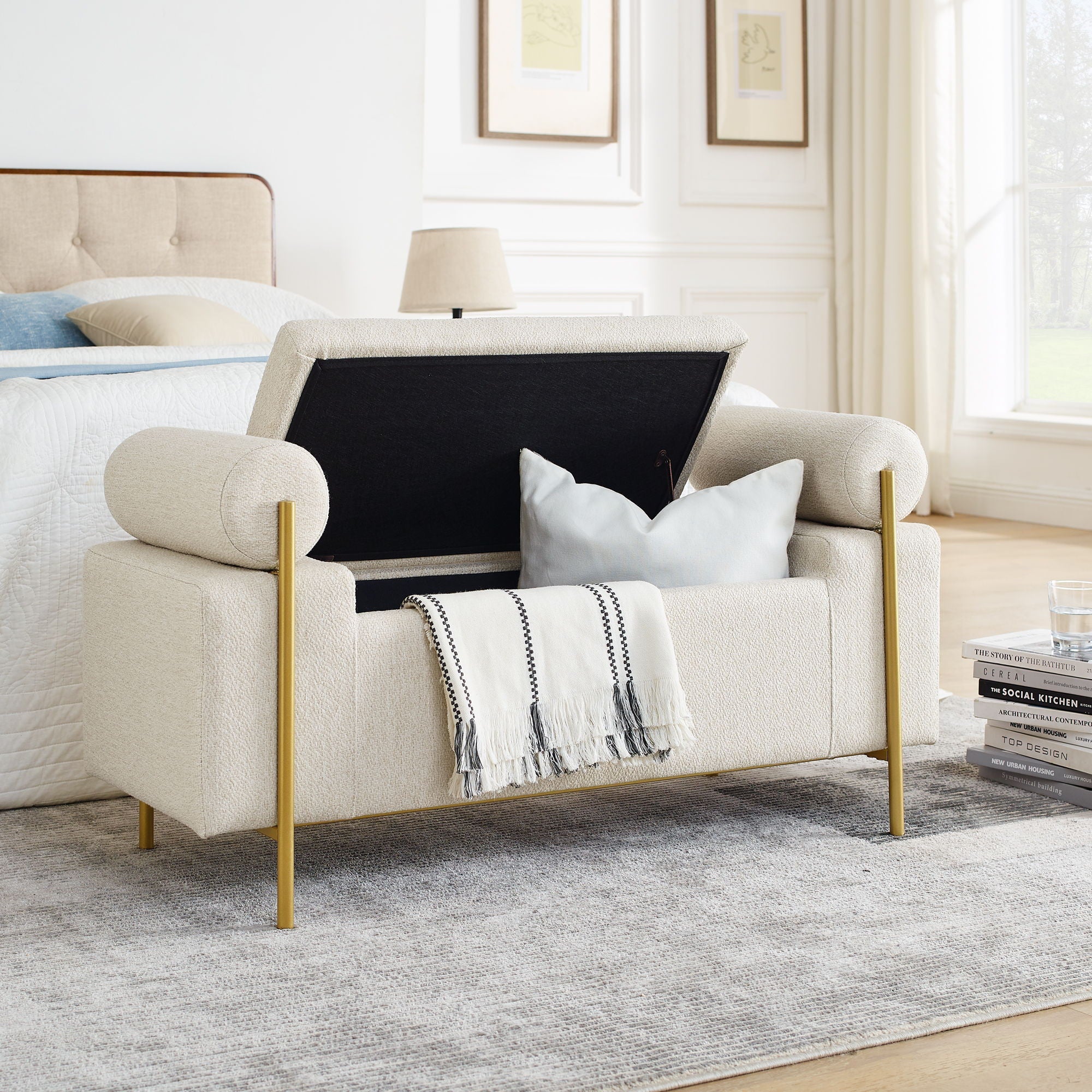 Elegant Upholstered Storage Bench With Cylindrical Arms And Iron Legs