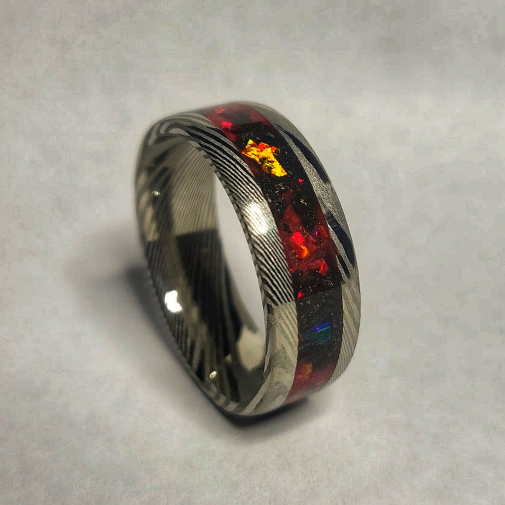 Damascus Steel Band // Crimson Red Opal, Meteorite Dust // 8mm Width