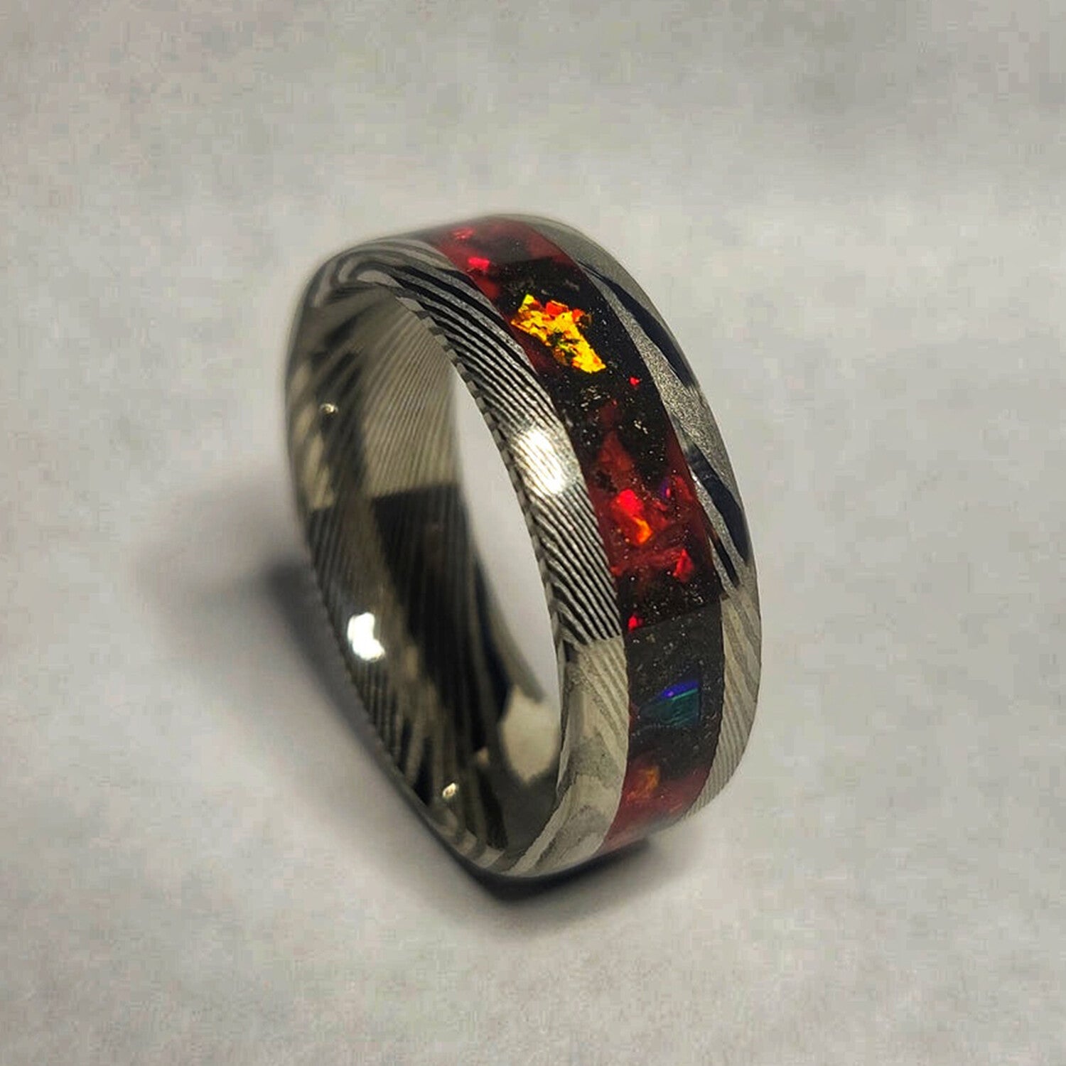 Damascus Steel Band // Crimson Red Opal, Meteorite Dust // 8mm Width