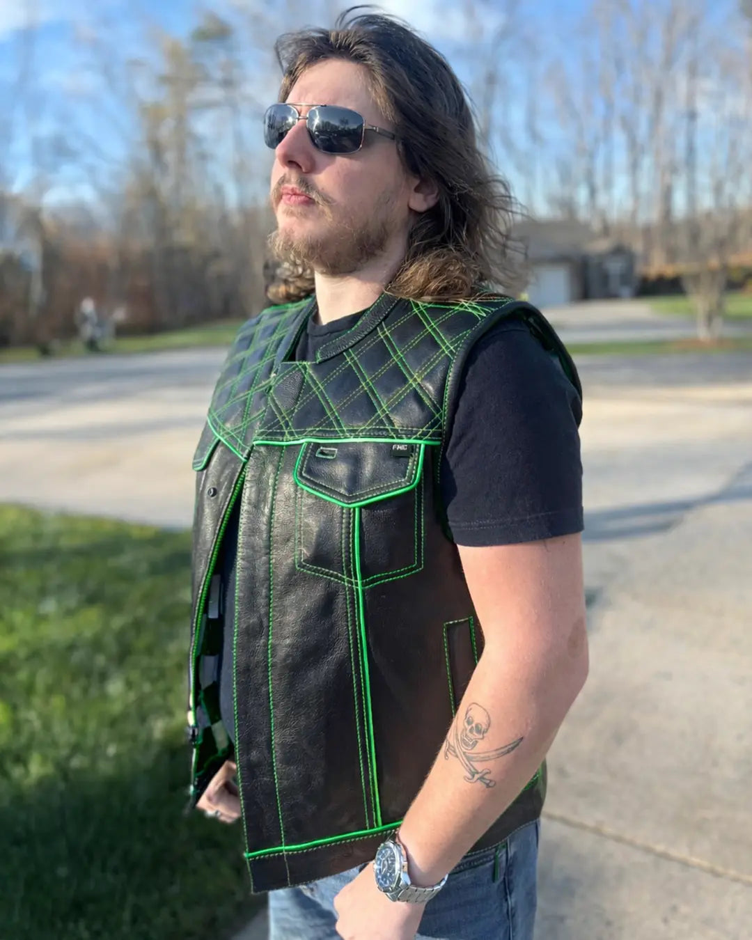 Finish Line - Green Checker - Men's Motorcycle Leather Vest