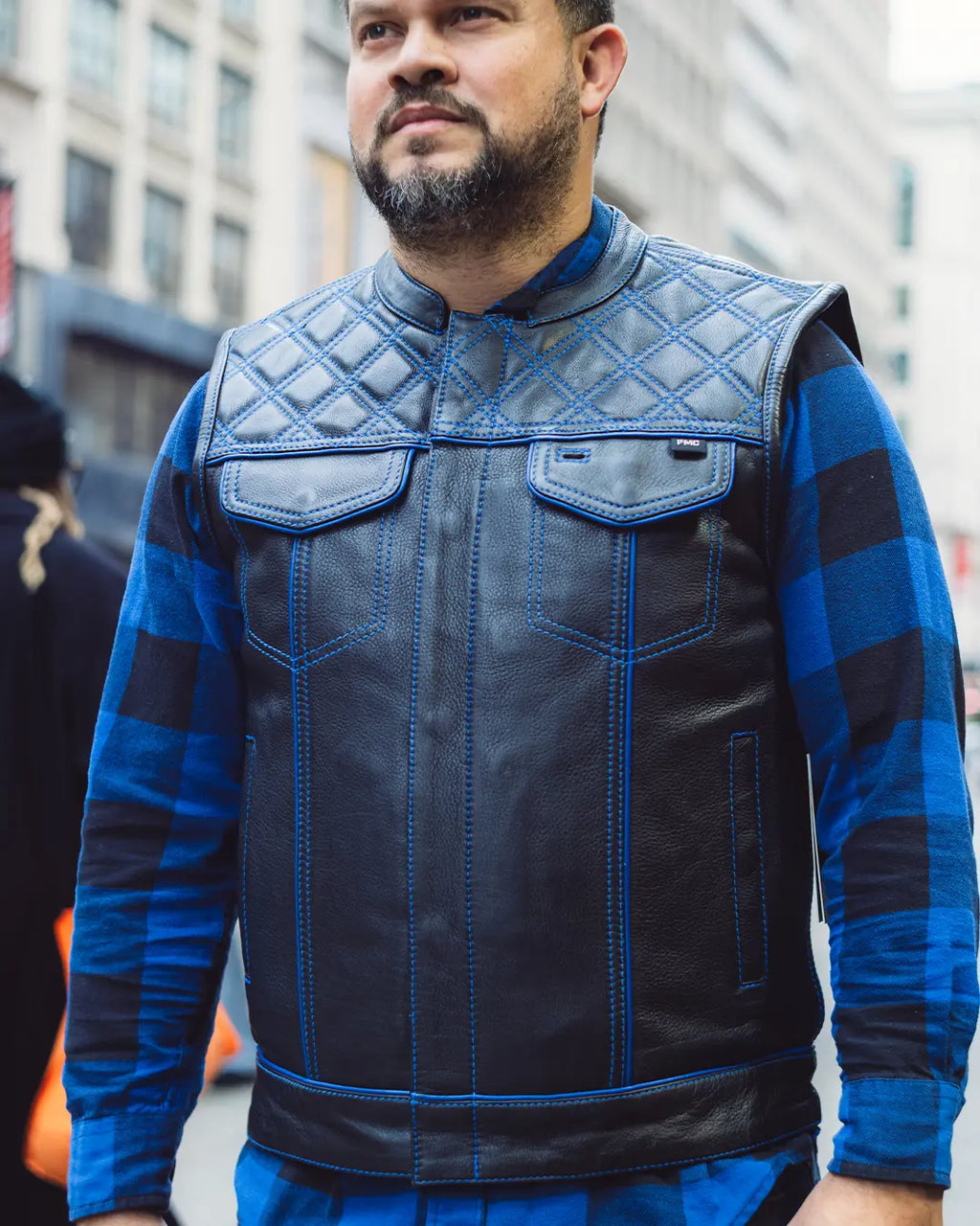 Finish Line - Blue Checker - Men's Motorcycle Leather Vest