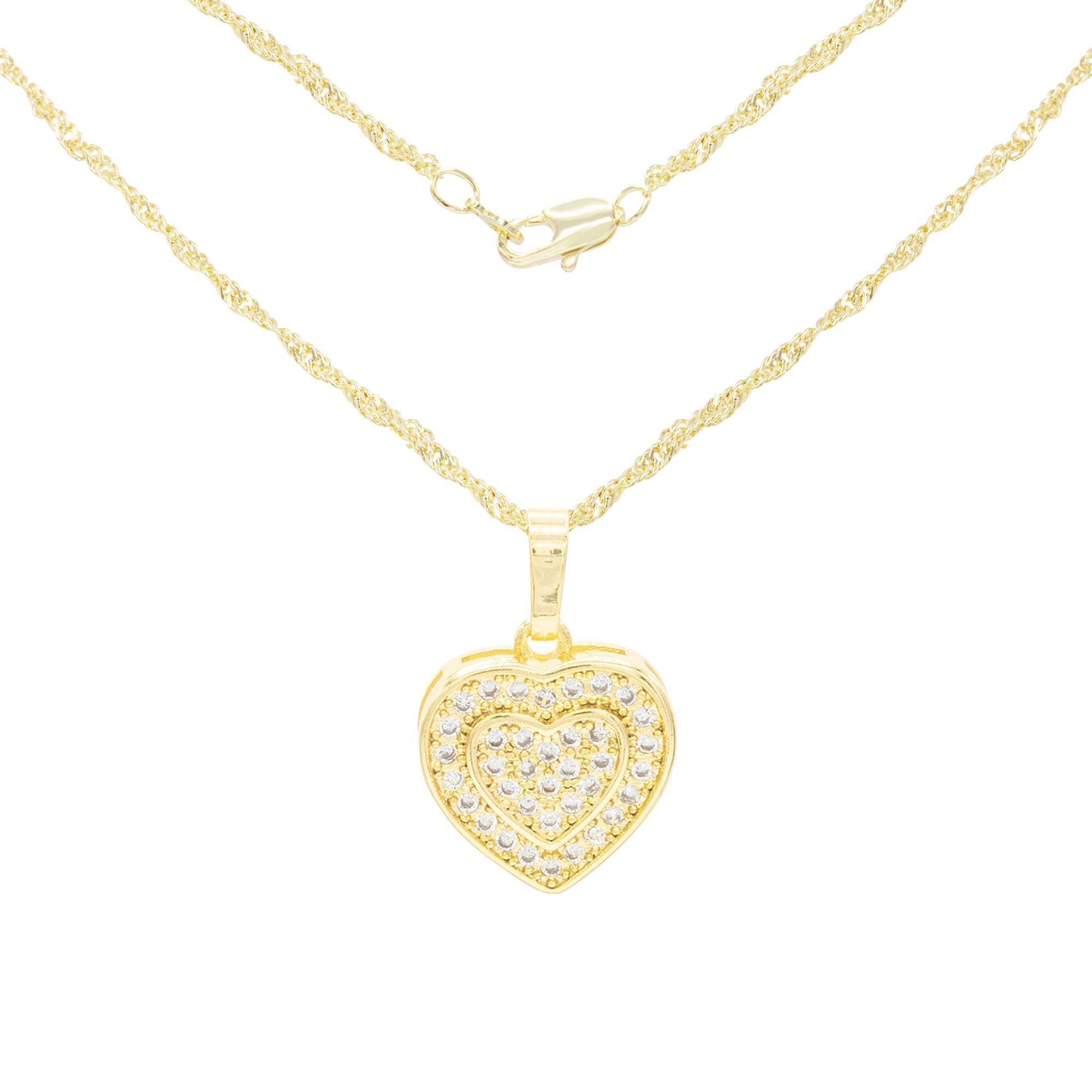 Cubic Zirconia 14K Gold Filled Two-Ply Heart Pendant Necklace Set