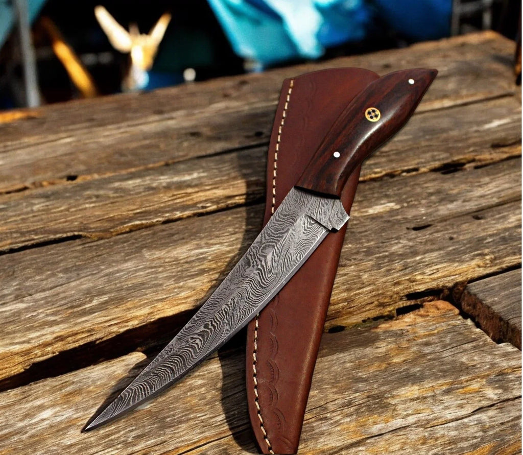 Custom Handmade Damascus Steel Fillet Knife with Rosewood Handle