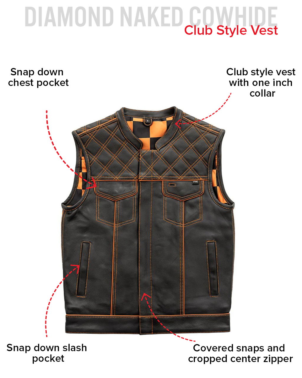 Finish Line - Orange Checker - Men's Motorcycle Leather Vest