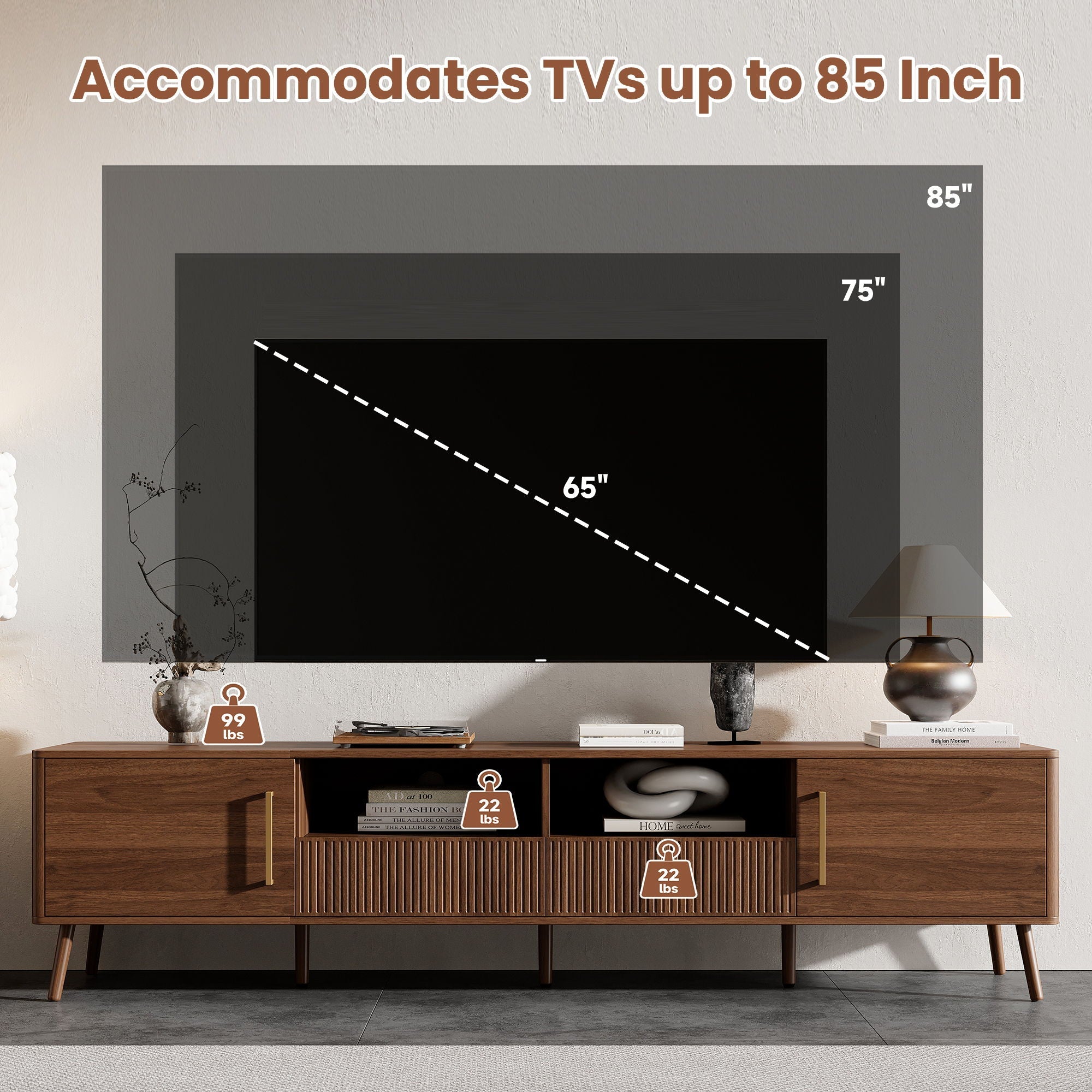 TV Stand For TVs Up To 85" With Soft-Close Doors - Walnut