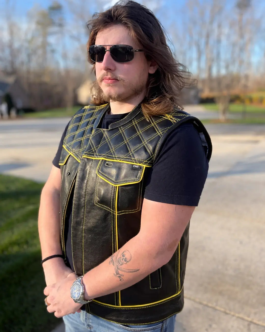 Finish Line - Gold Checker - Men's Motorcycle Leather Vest