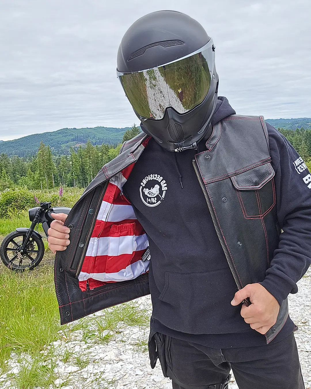 Born Free Men's Leather Motorcycle Leather Vest - Red Stitch