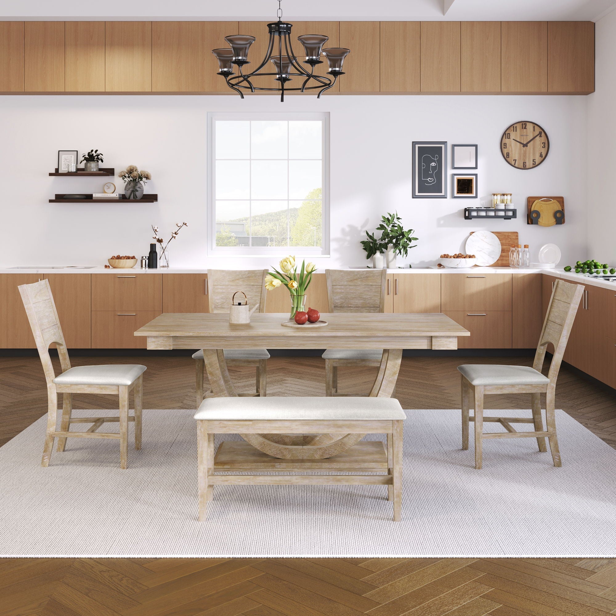 Topmax - 6 Piece Wood Half Round Dining Table Set Kitchen
