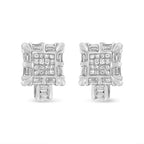14K White Gold 1.0 Cttw Princess and Baguette-Cut Diamond Square Framed Huggie Hoop Omega Earrings (H-I Color, SI1-SI2 Clarity)