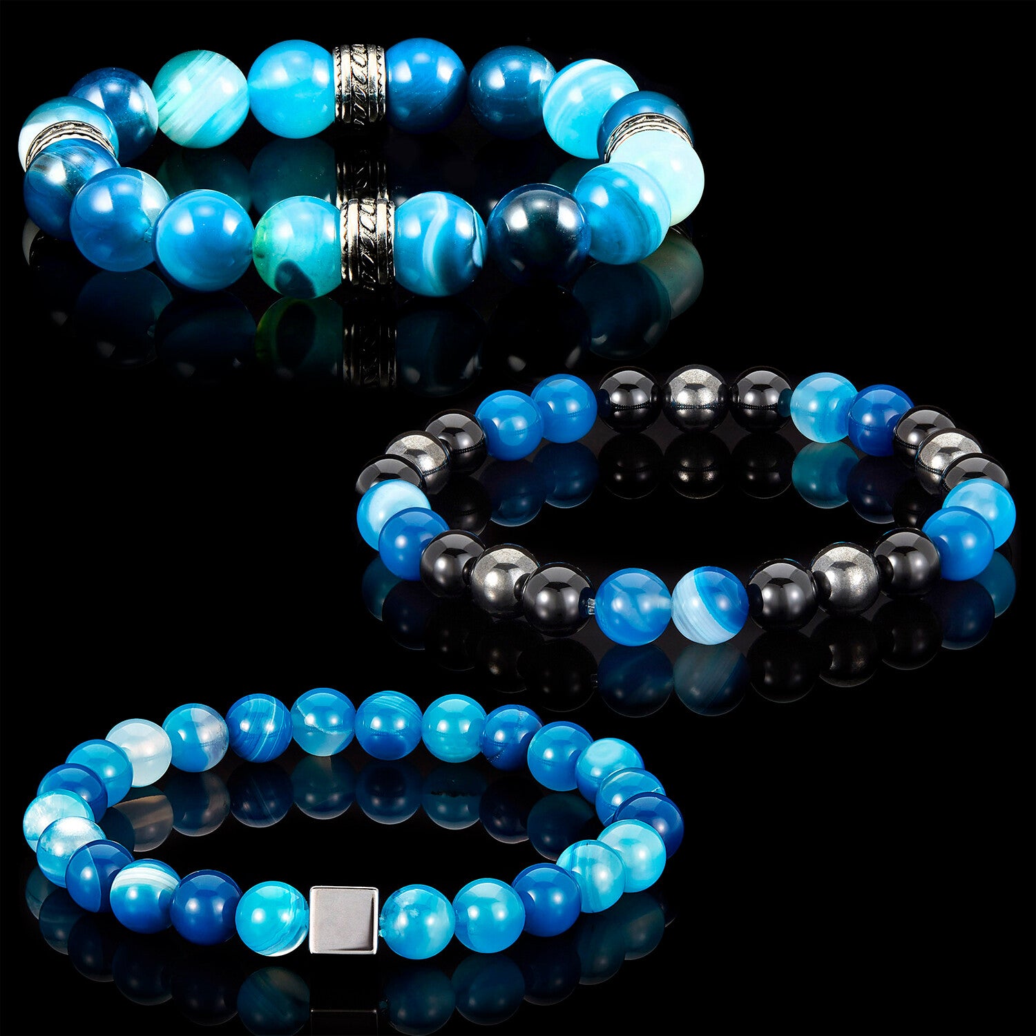 Blue Banded Agate + Hematite + Steel Accents Stretch Bracelets // Set of 3 // 8"