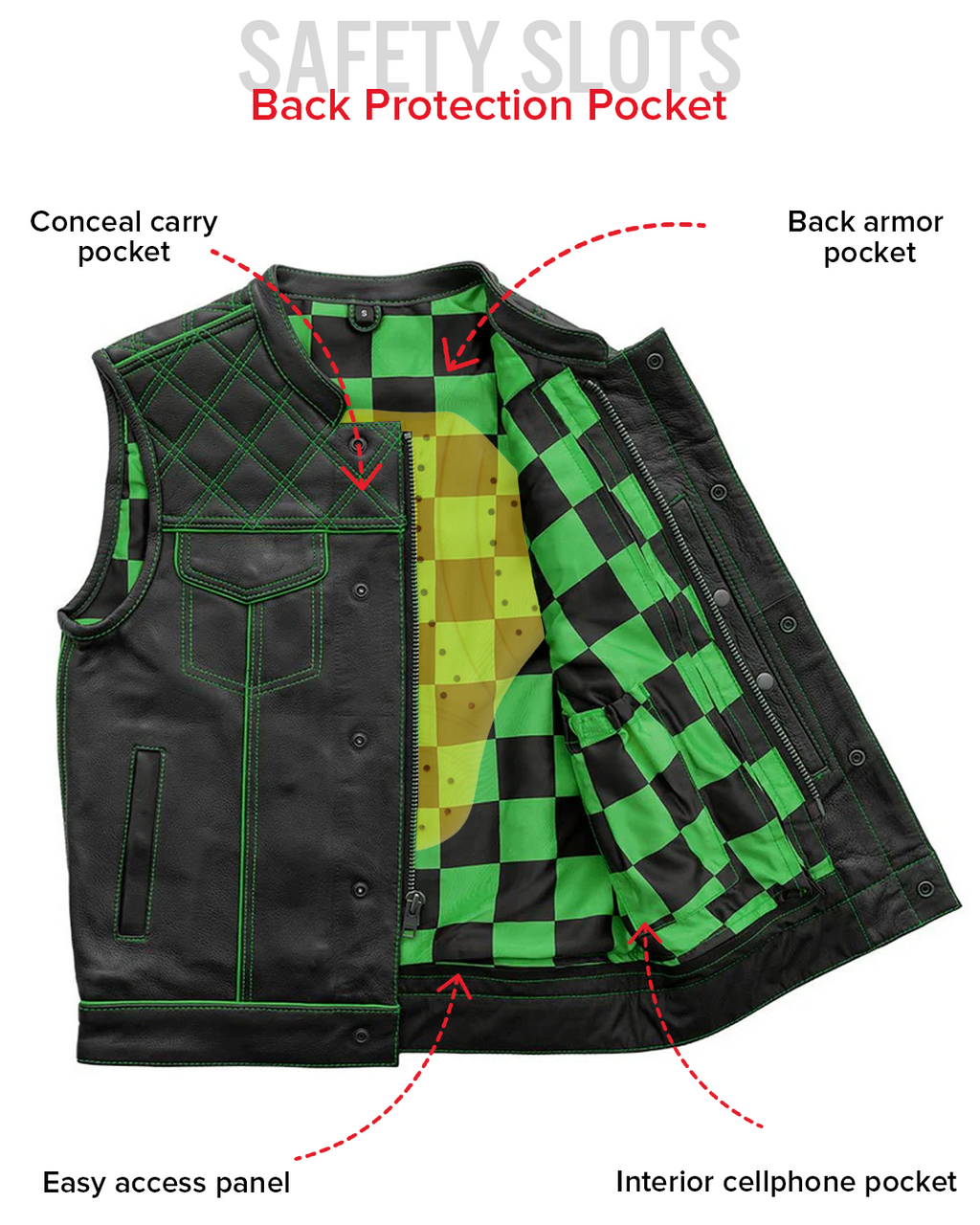 Finish Line - Green Checker - Men's Motorcycle Leather Vest