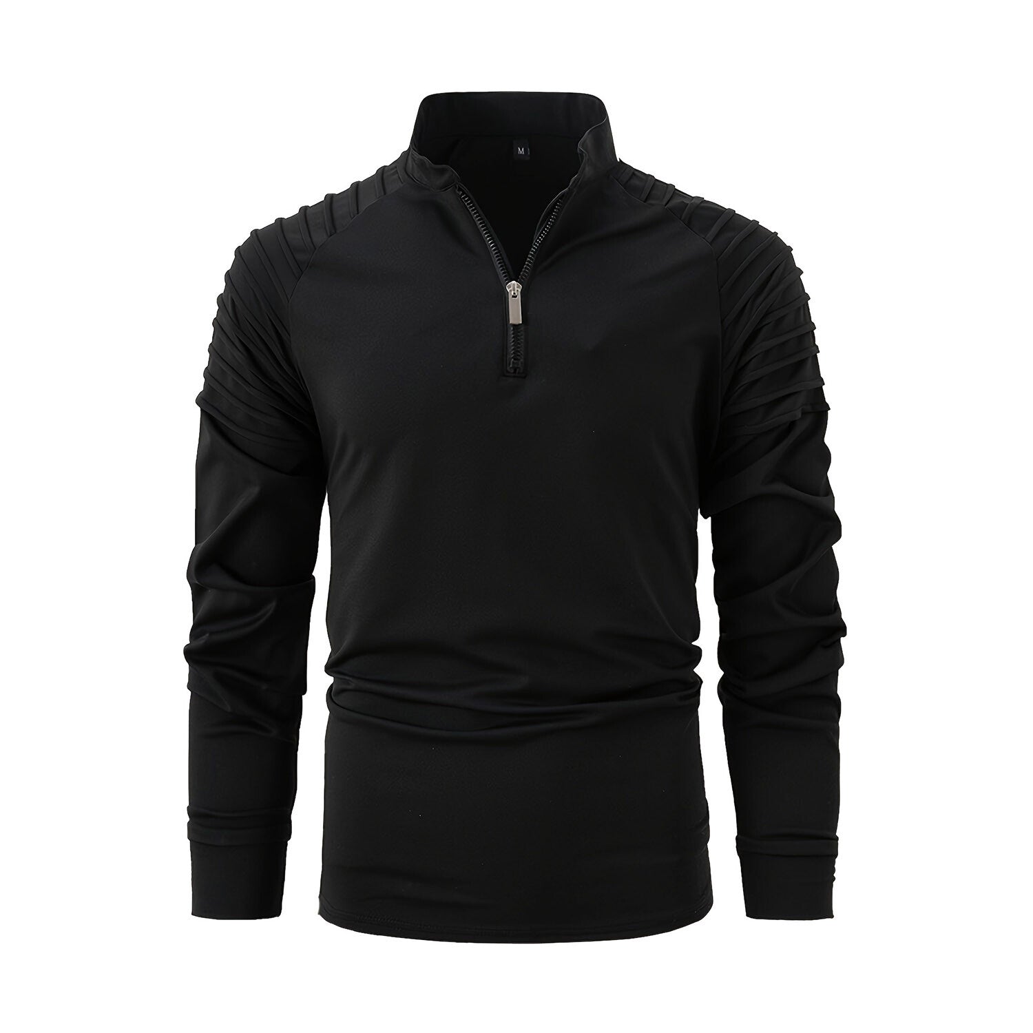 Quarter-Zip Long Sleeve Shoulder Ribbed Shirt // Black