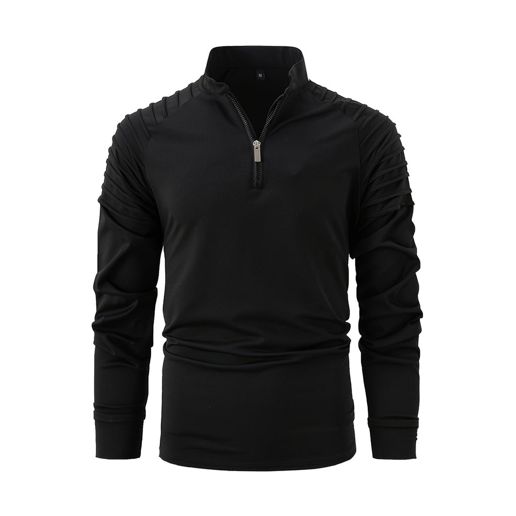 Quarter-Zip Long Sleeve Shoulder Ribbed Shirt // Black