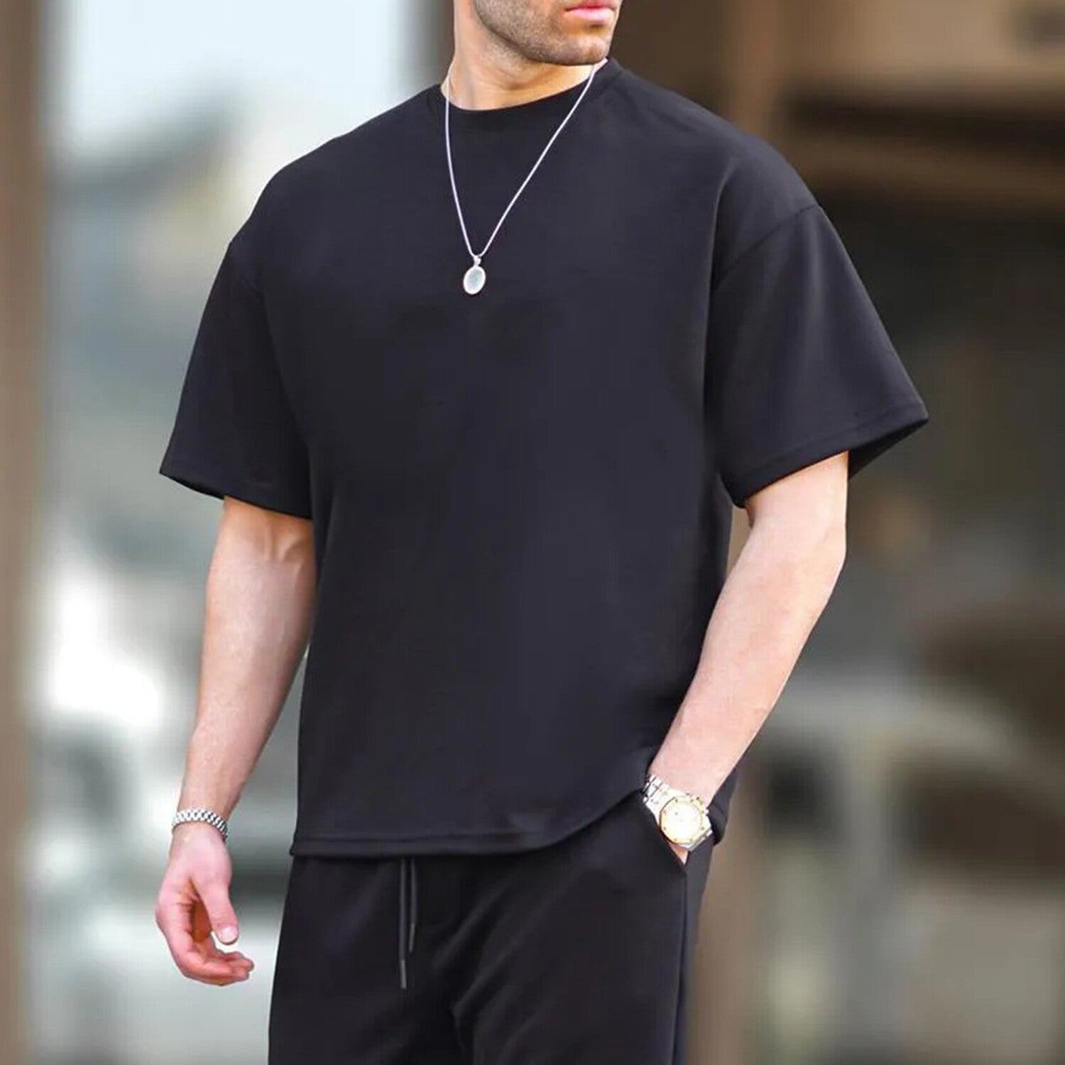 Oversize Crewneck Short Sleeve Tracksuit Set // Black