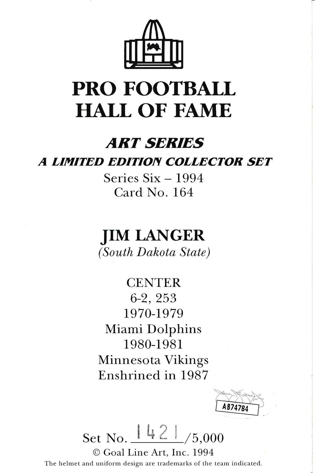 Jim Langer HOF Autographed/Inscr Goal Line Art GLAC Postcard Miami Dolphins JSA