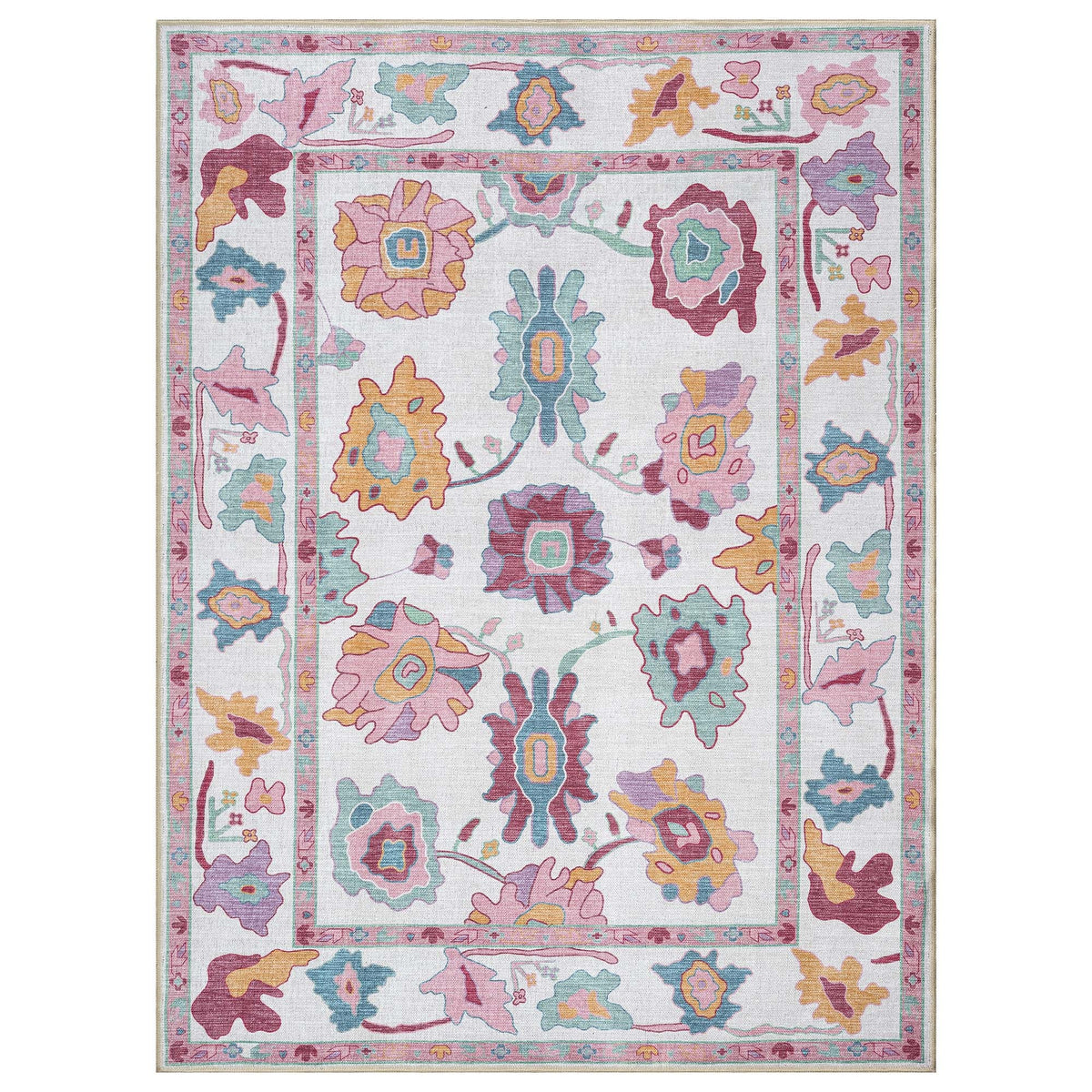 Florine Pastel Pink Orange Floral Oushak Rug
