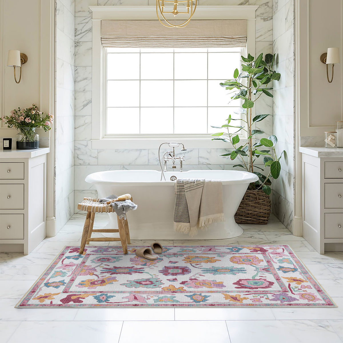 Florine Pastel Pink Orange Floral Oushak Rug