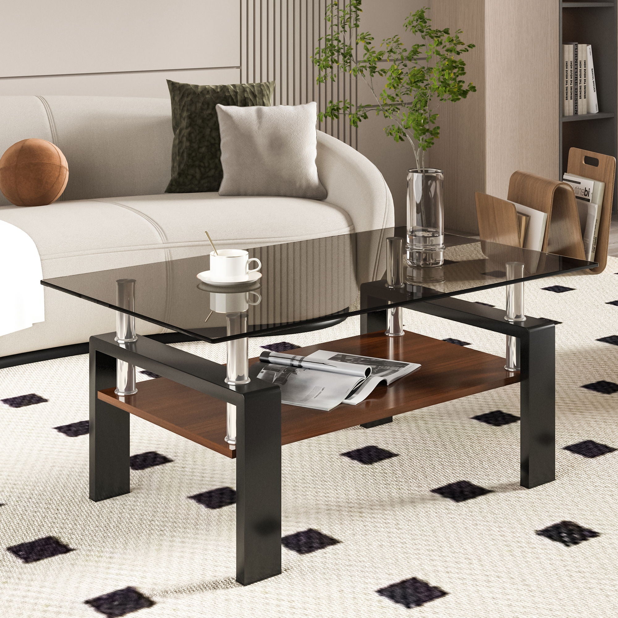 Modern Rectangular Coffee Table With Tempered Transparent