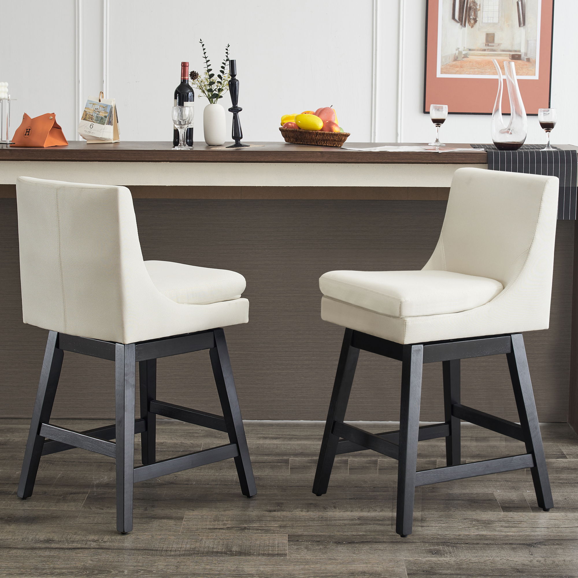 Upholstered Swivel Bar Stools With (Set of 2) - Cream White
