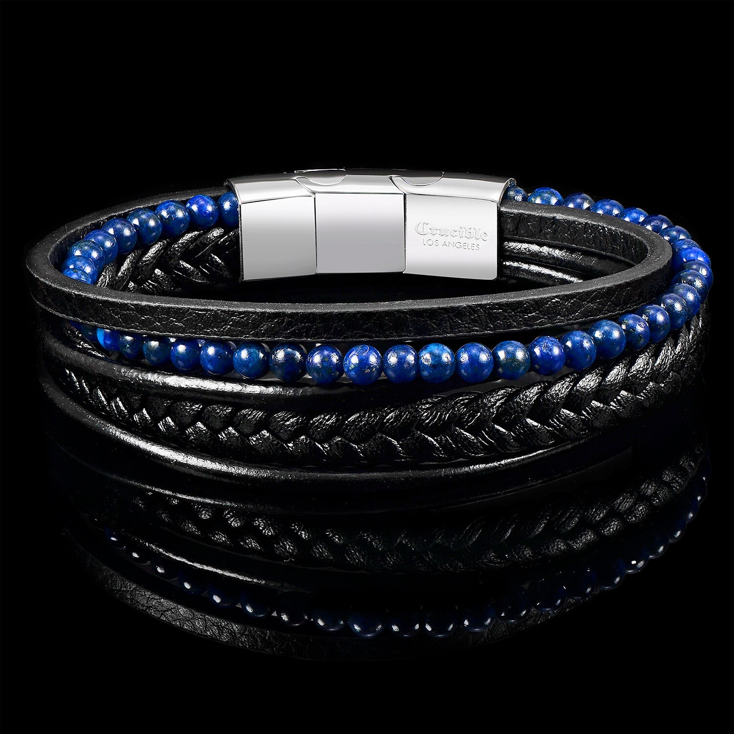 Lapis Lazuli Stone + Layered Leather Cuff Bracelet // 8.75"
