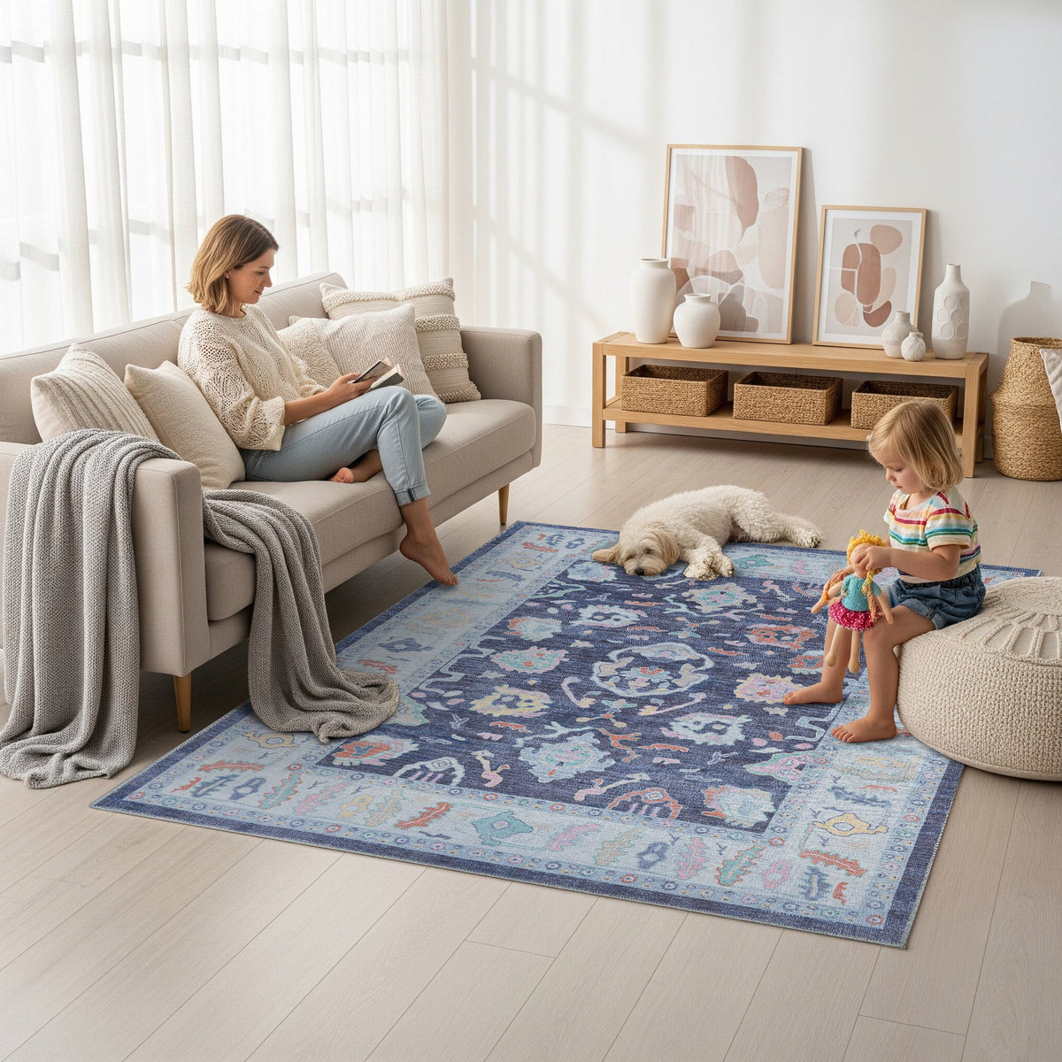 Munira Pastel Navy Blue Modern Oushak Rug