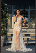 Ethereal Lace Sheer Long Robe with Flowing Train – Elegant Bridal Boudoir Gown