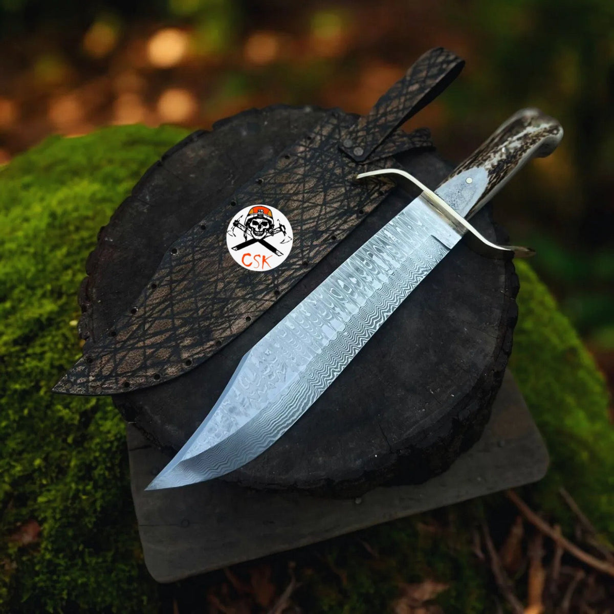 SS Damascus Stag Hunting Knife with Custom Leather Sheath by cskforged