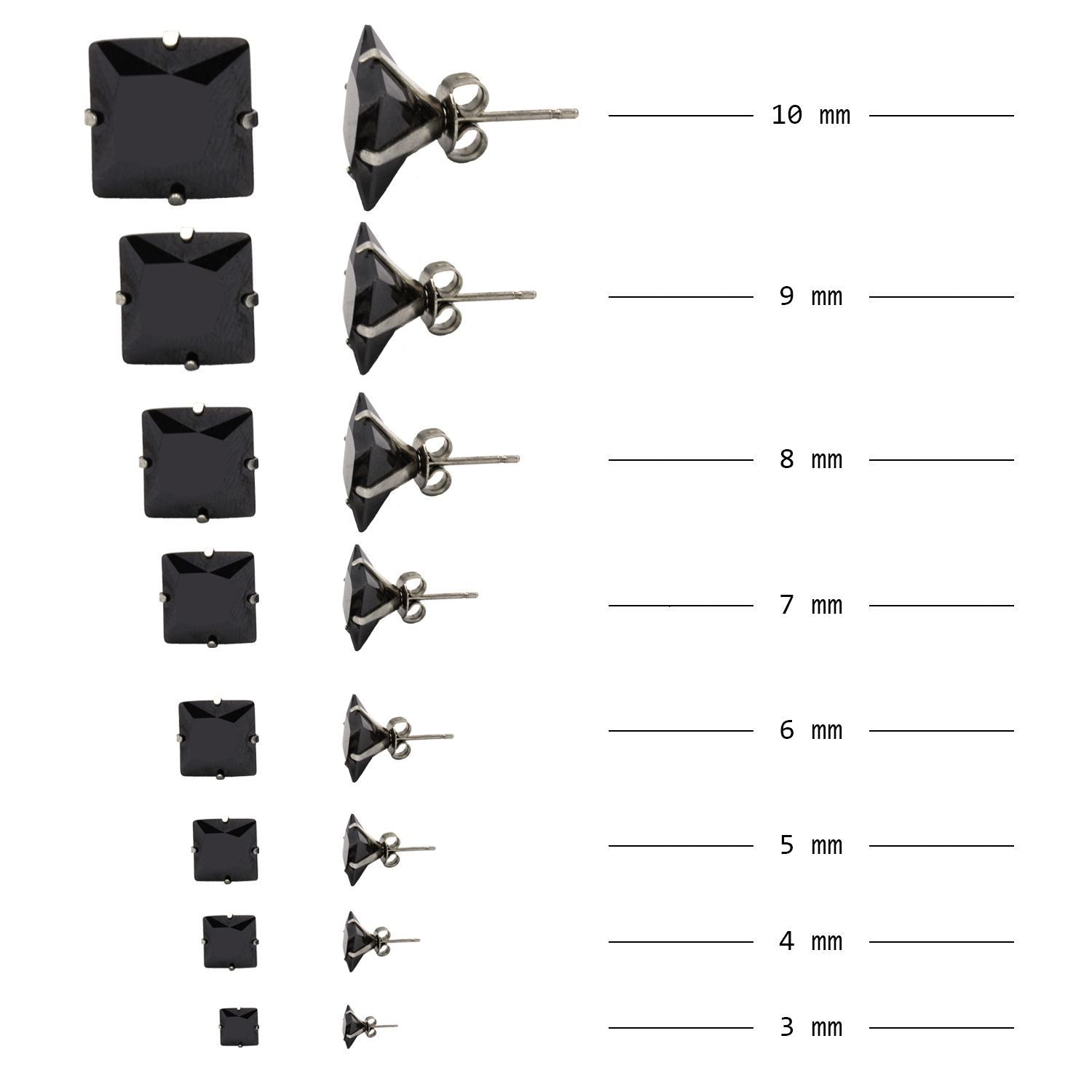 Cubic Zirconia Square Black Stud Earrings Set Of 4 Stainless Steel Jewelry Men Women