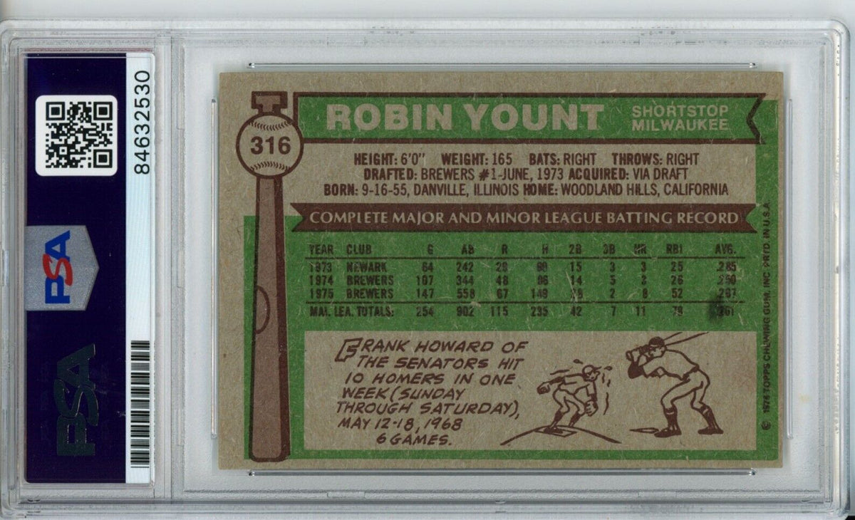1976 Topps Robin Yount HOF #316 Card Signed Brewers PSA/DNA GEM MINT 10