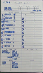 1989 New York Yankees Spring Training 9x15 Lineup Card vs.Orioles 150880
